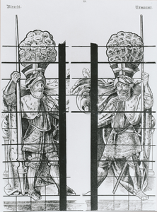 863798 Afbeelding van een ontwerp voor een glas-in-loodraam voor in de Jacobikerk (Jacobskerkhof) te Utrecht, met ...
